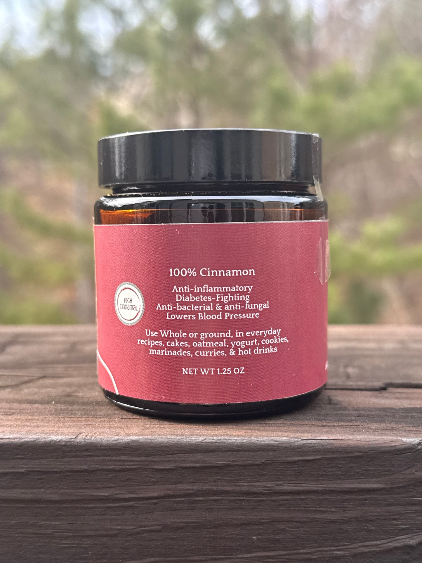 1.25 oz Aromatic 3 Hills Cinnamon jar back label with benefits & how to use.
