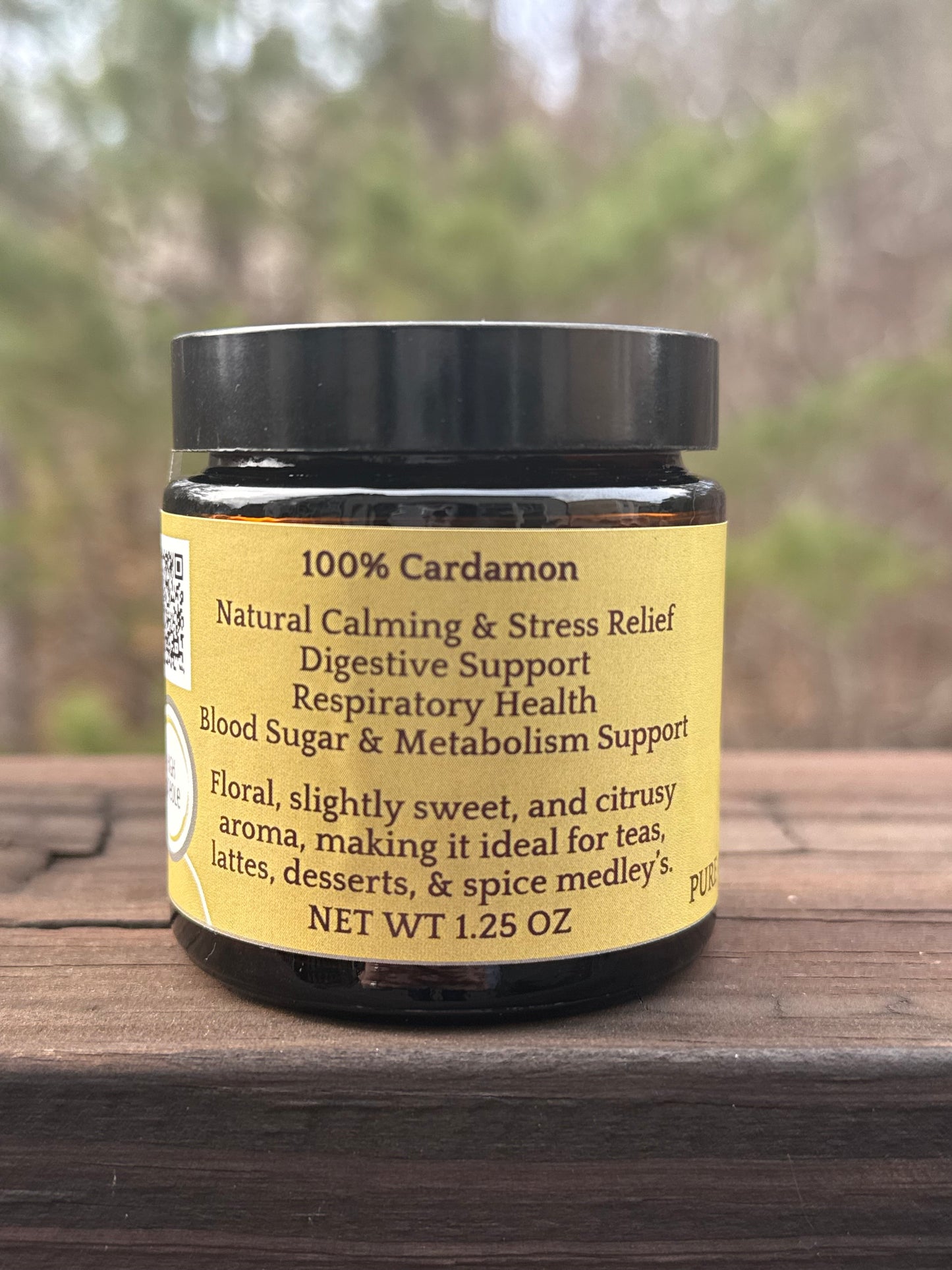 Dark Amber jar with Pure Calming Cardamon label with Benefits and Use