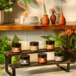 Jars on a wooden shelf with decorative vases and plants in the background