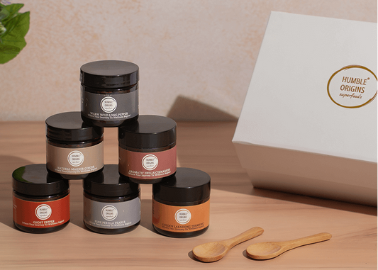 The Humble Gift Box with six single-origin spice jars, wooden spoons and a white gift box