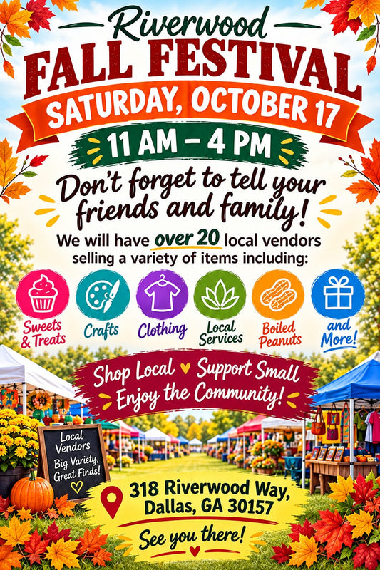 Riverwood Fall Festival flyer, Saturday October 17, 2026, 11 AM to 4 PM, 318 Riverwood Way, Dallas, GA
