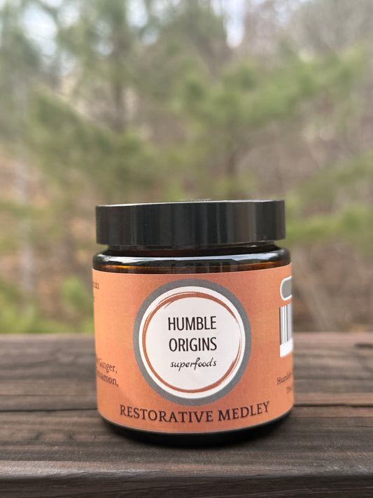 Dark Amber Jar with Black lid with Restorative Medley label