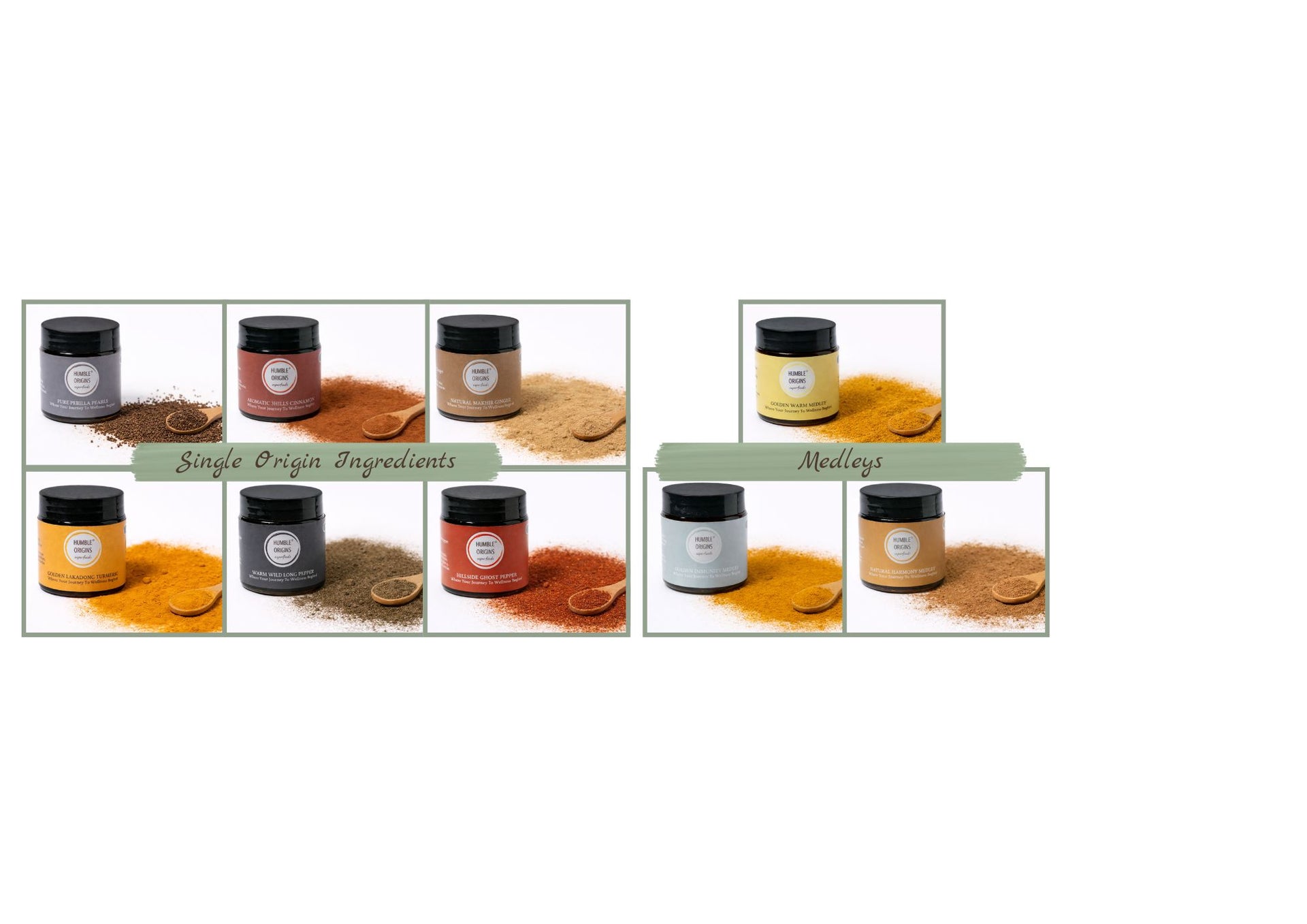A collage of small spice jar products on a white background, with labels reading 'Single Origin Ingredients' and 'Mixture.' The jars contain various colored powders and are shown with small spoons and piles of the spice blends.