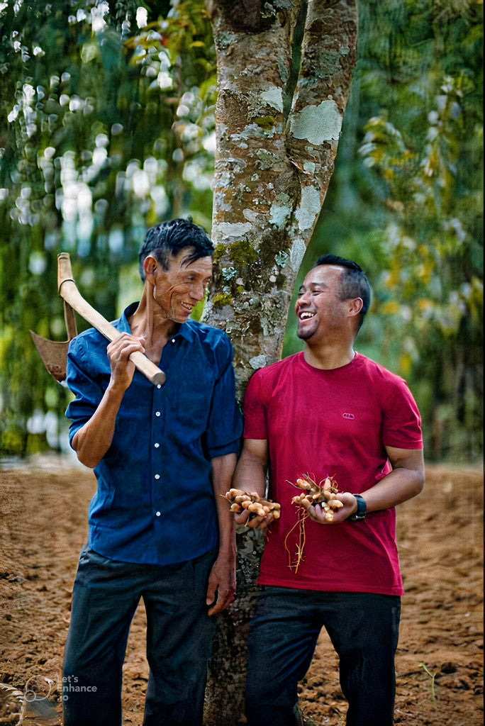 2 Humble Origins Superfoods farmers chatting while holding fresh Turmeric against a backdrop of a field and trees. 