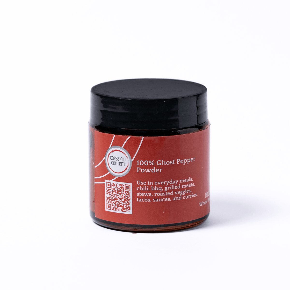 Jar of 100% Ghost Pepper Powder with red label and black lid on white background