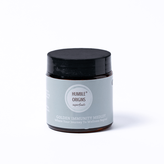 Jar of 'Golden Immunity Medley' by Humble Origins on a white background