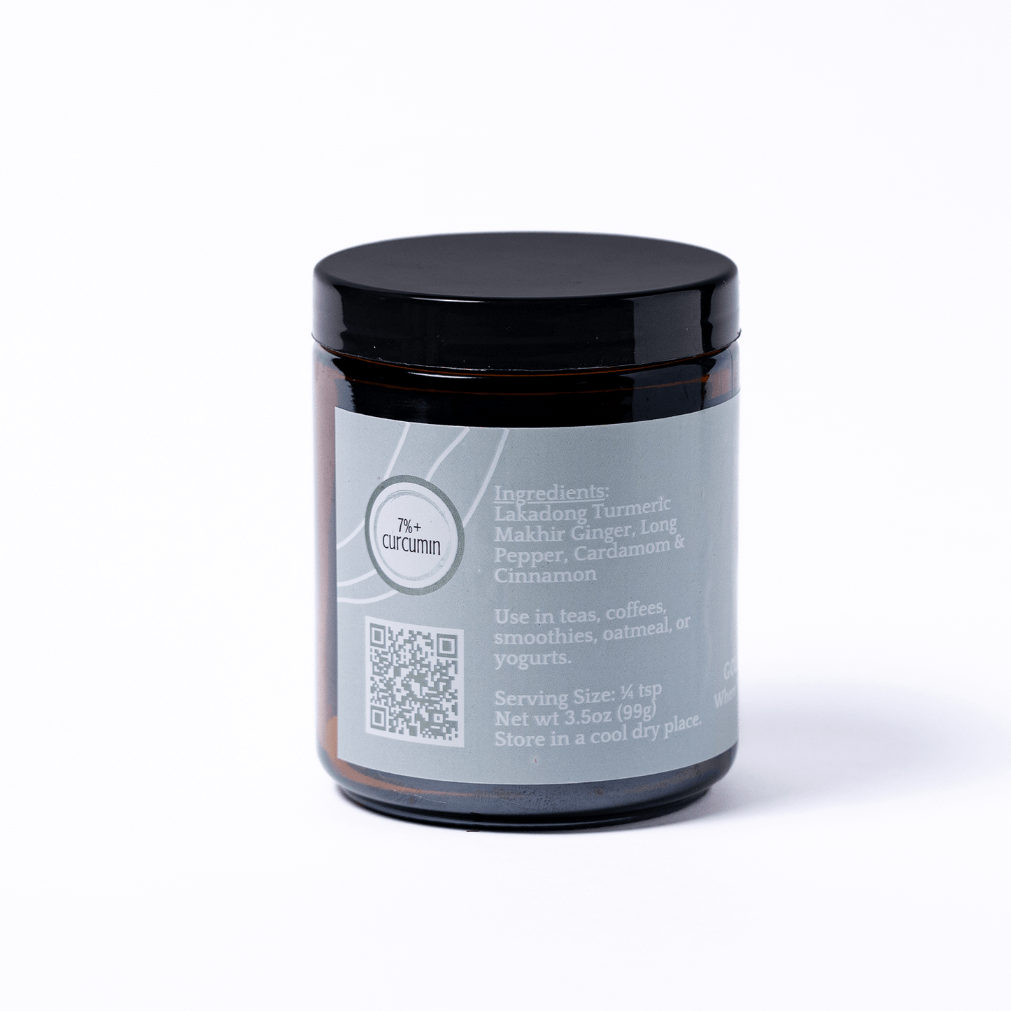Jar with a label and black lid on a white background