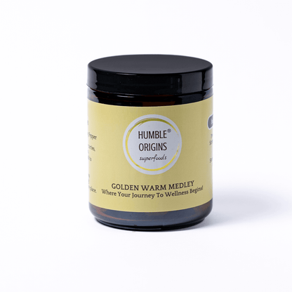 Jar of 'Humble Origins' Golden Warm Medley on a white background