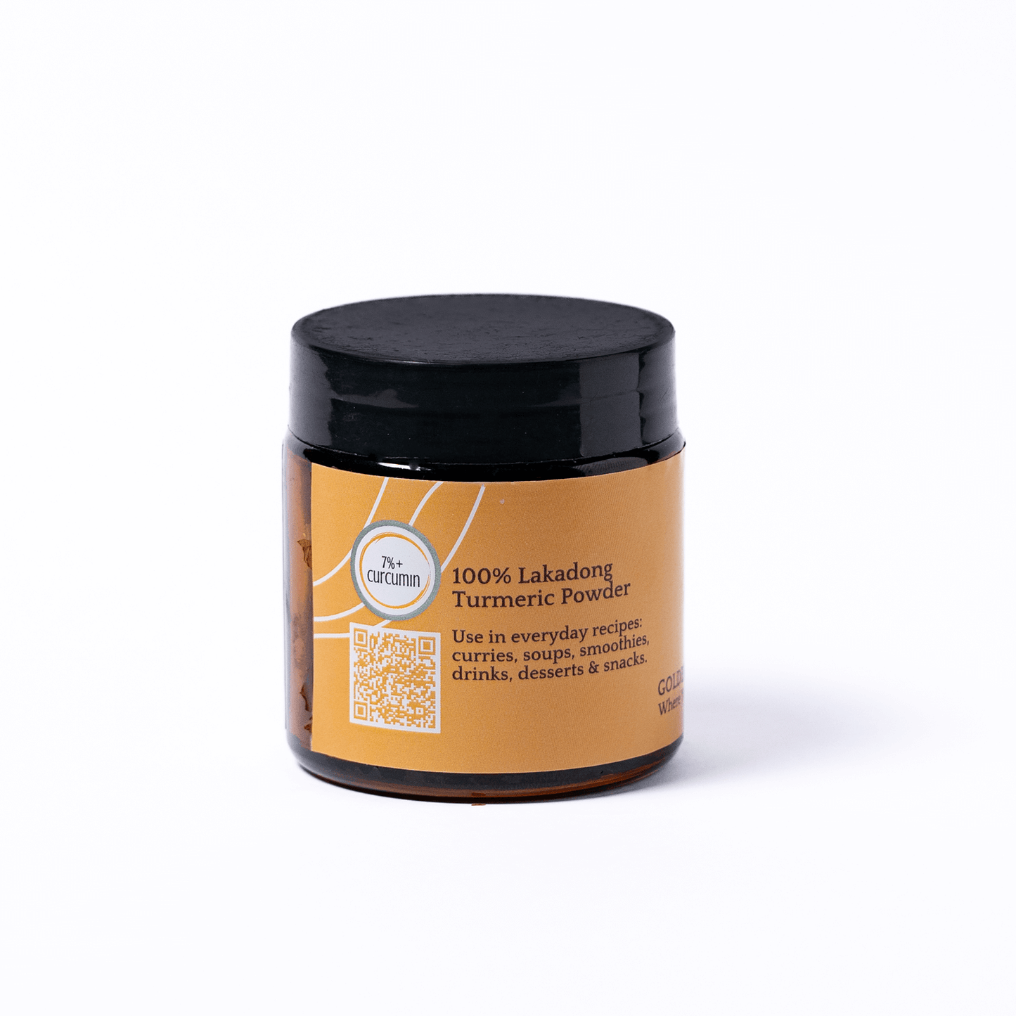 Jar of 100% Lakadong Turmeric Powder with a black lid on a white background