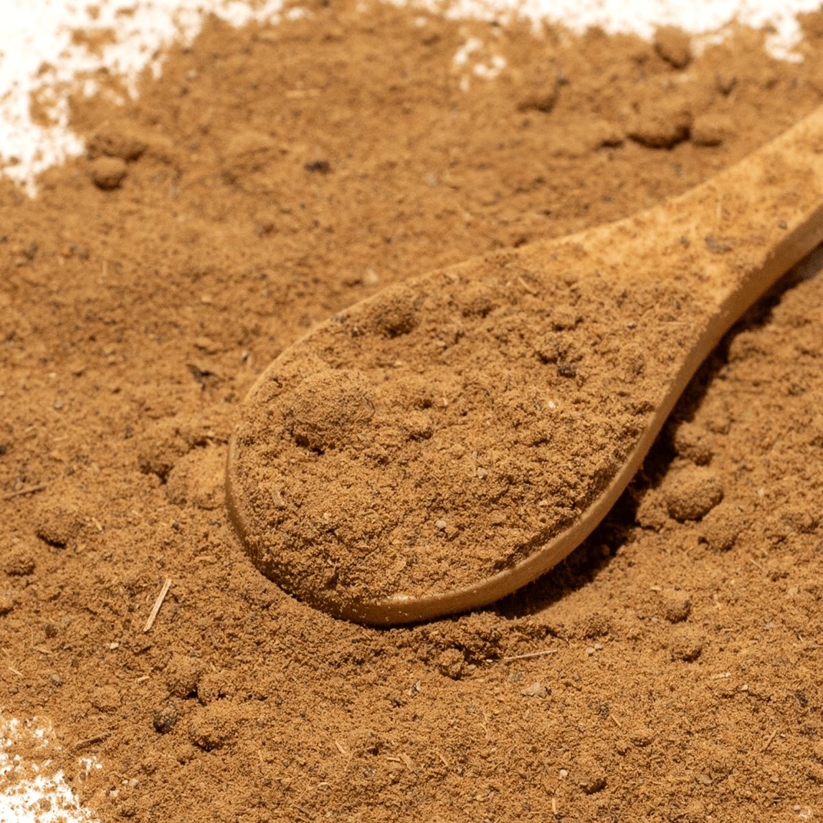 Wooden spoon filled with brown powder on a bed of similar powder