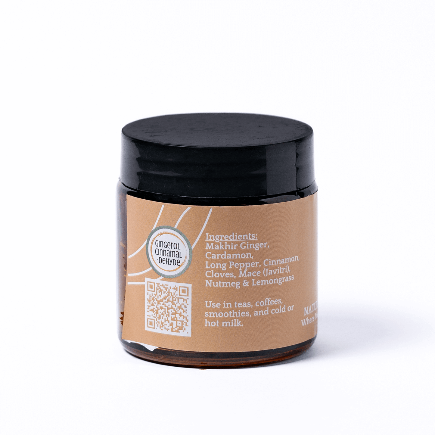 Jar with a black lid and brown label on a white background