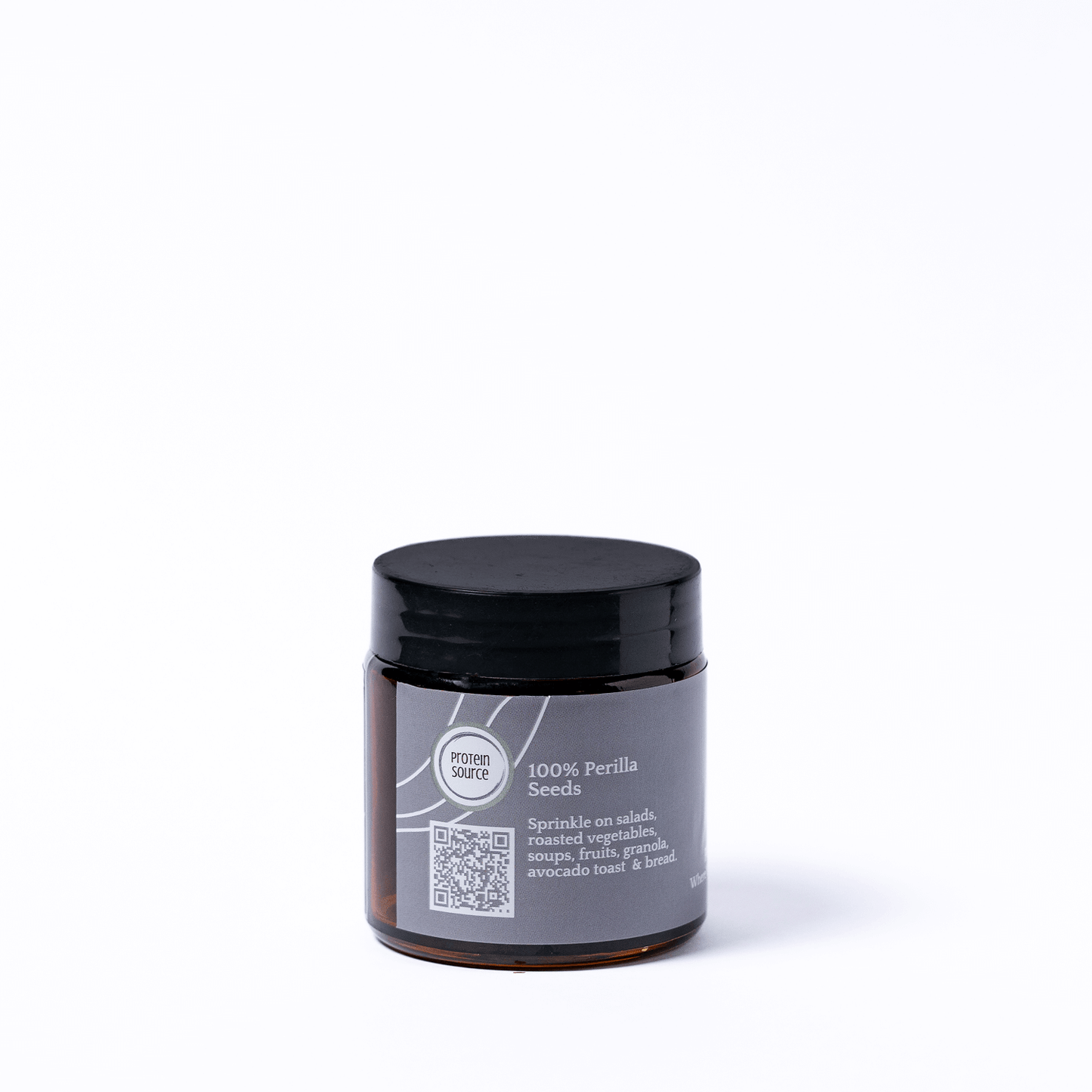 Jar with black lid and gray label on a white background